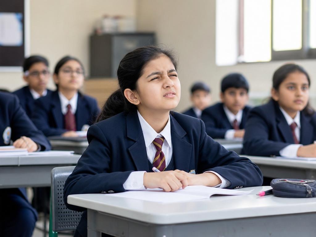 Private school girl in Lahore squinting to read the classroom whiteboard